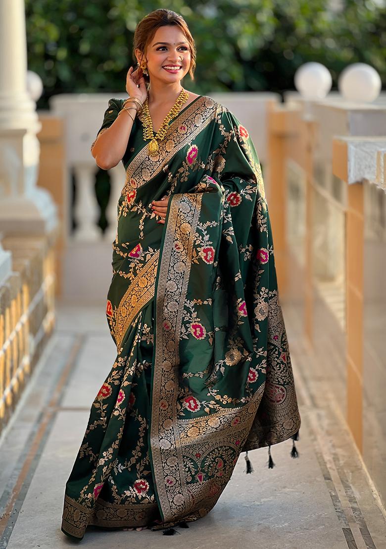 Light Rani Pink Zari Embroidered Banarasi Silk  Saree Set