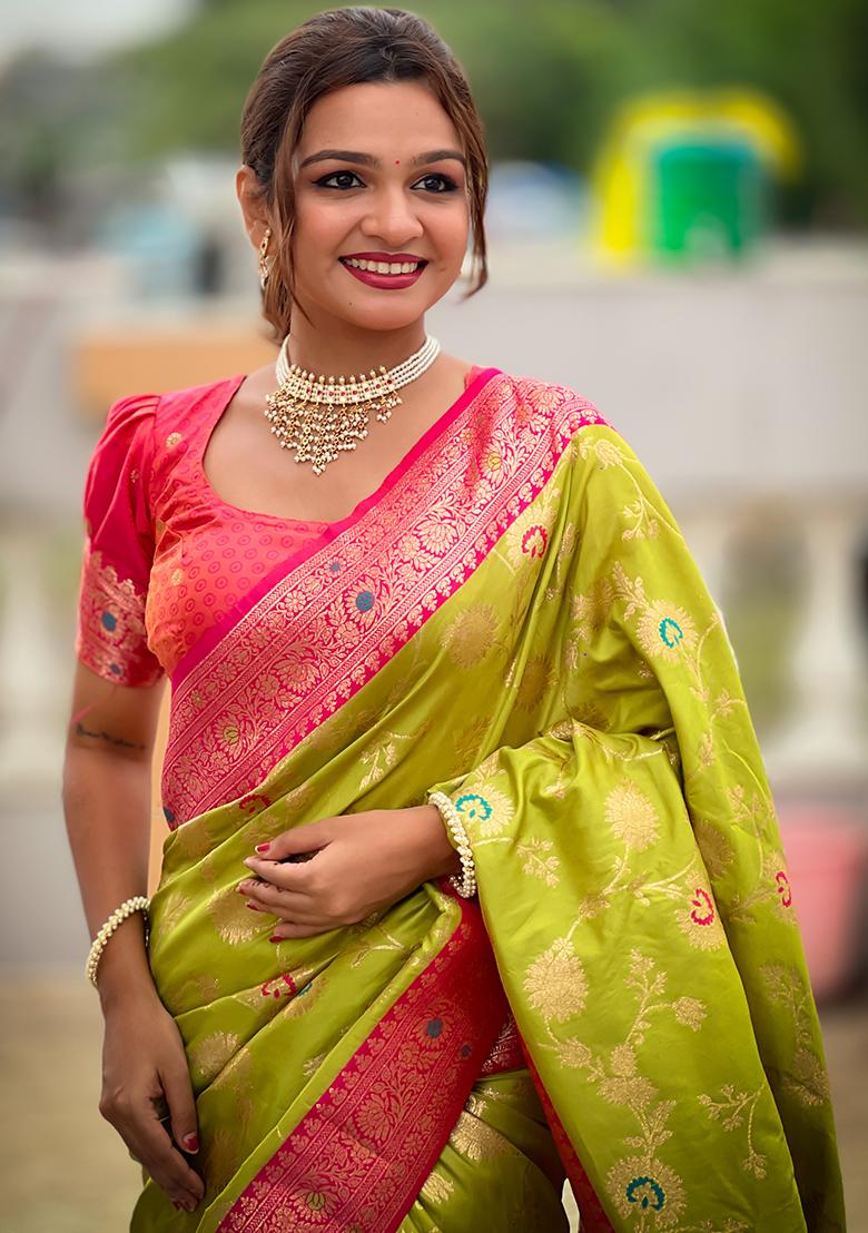 Pista Green Zari Embroidered Banarasi Silk  Saree Set