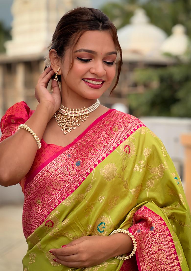 Pista Green Zari Embroidered Banarasi Silk  Saree Set