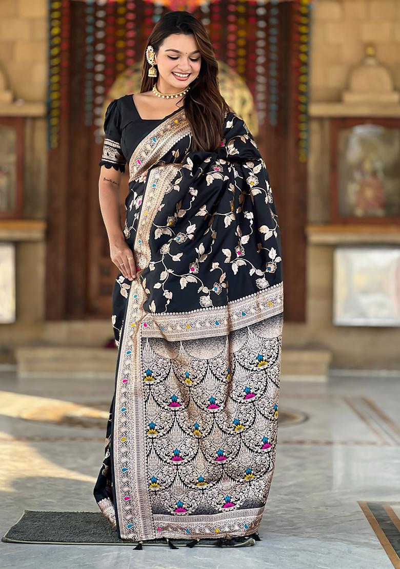Black Zari Embroidered Banarasi Silk  Saree Set