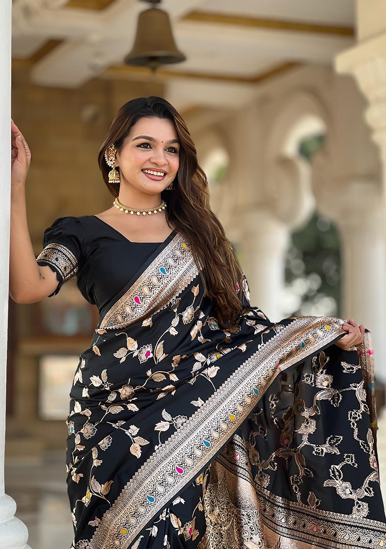 Black Zari Embroidered Banarasi Silk  Saree Set