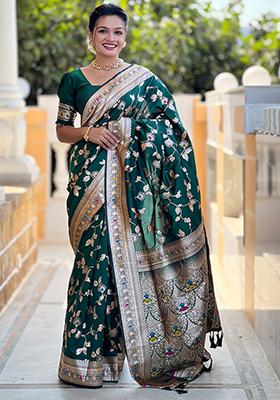 Bottle Green Zari Embroidered Banarasi Silk  Saree Set