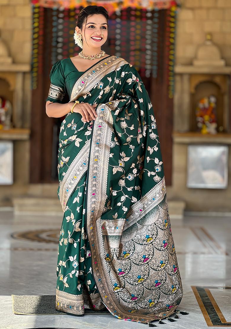 Bottle Green Zari Embroidered Banarasi Silk  Saree Set
