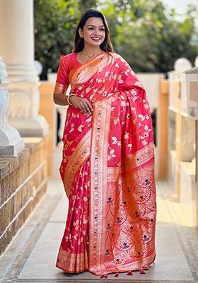 Gajri Pink Zari Embroidered Banarasi Silk  Saree Set