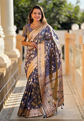 Grey Zari Embroidered Banarasi Silk  Saree Set