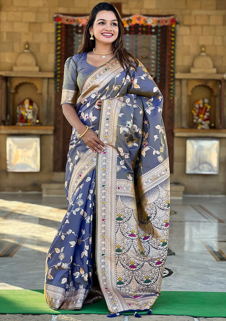 Grey Zari Embroidered Banarasi Silk  Saree Set