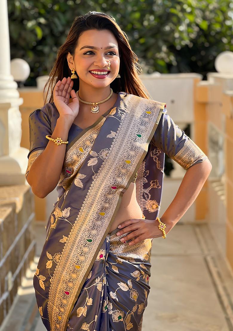 Grey Zari Embroidered Banarasi Silk  Saree Set