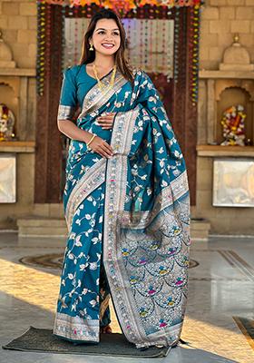 Morpich Zari Embroidered Banarasi Silk  Saree Set