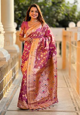 Onion Pink Zari Embroidered Banarasi Silk  Saree Set