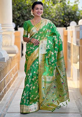 Parrot Green Zari Embroidered Banarasi Silk  Saree Set