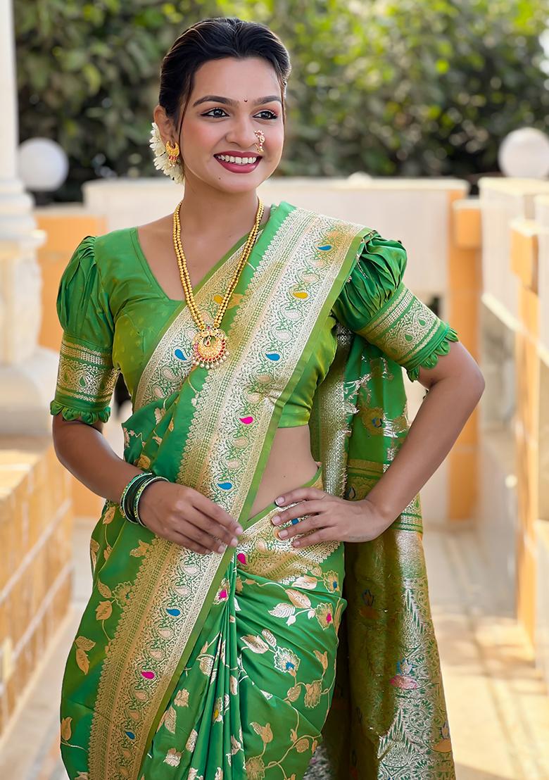 Parrot Green Zari Embroidered Banarasi Silk  Saree Set