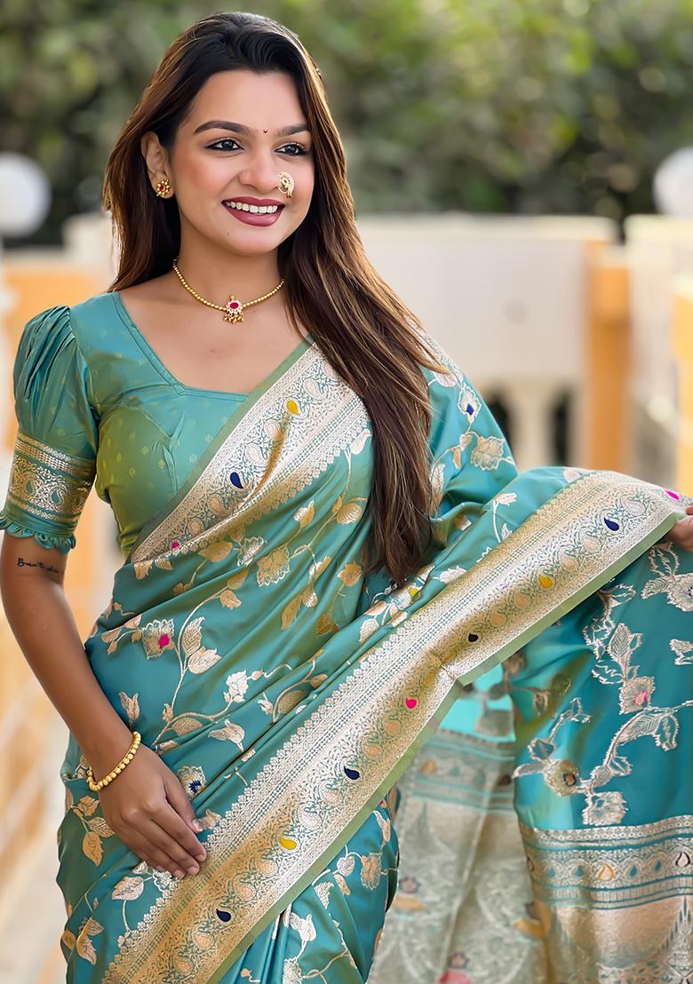 Pista Green Zari Embroidered Banarasi Silk  Saree Set