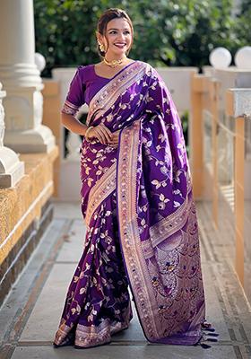 Purple Zari Embroidered Banarasi Silk  Saree Set