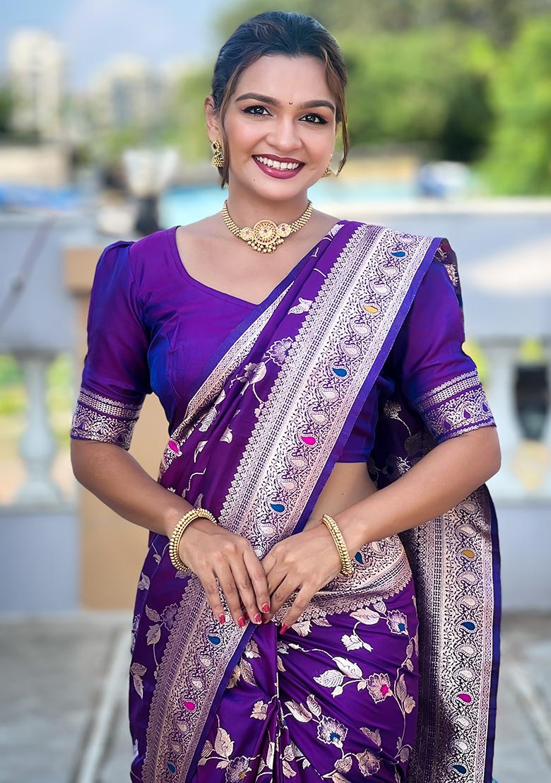 Purple Zari Embroidered Banarasi Silk  Saree Set