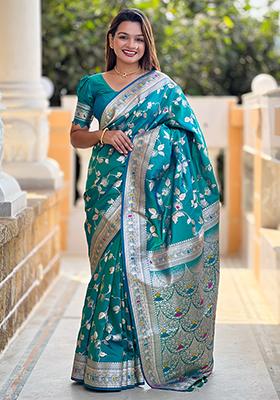 Rama Zari Embroidered Banarasi Silk  Saree Set