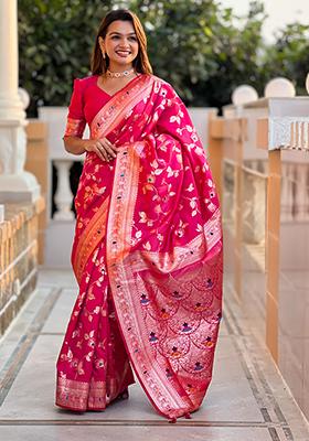 Rani Pink Zari Embroidered Banarasi Silk  Saree Set