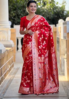 Red Zari Embroidered Banarasi Silk  Saree Set