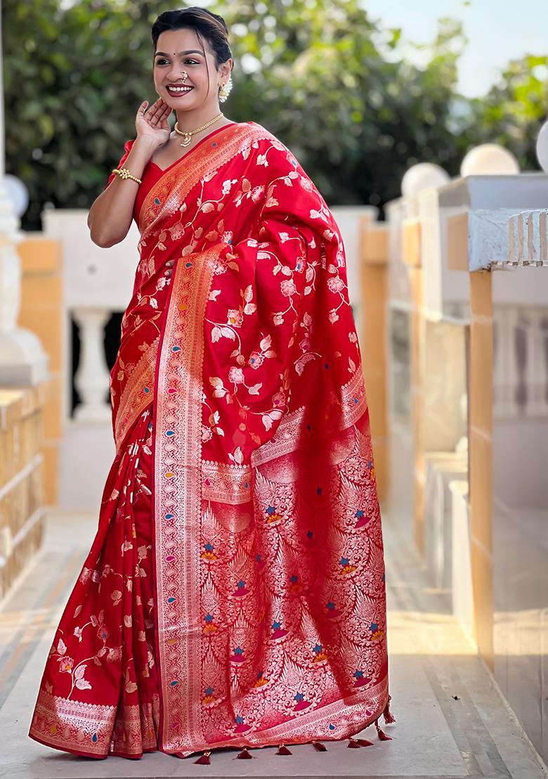 Red Zari Embroidered Banarasi Silk  Saree Set
