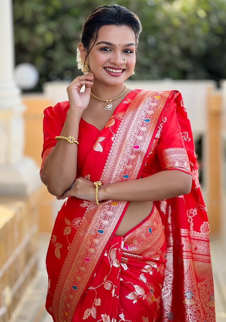 Red Zari Embroidered Banarasi Silk  Saree Set