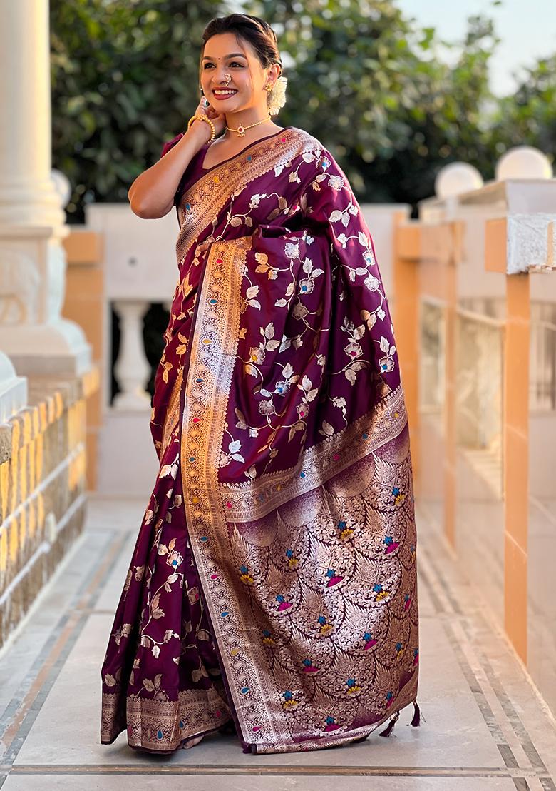 Wine Zari Embroidered Banarasi Silk  Saree Set