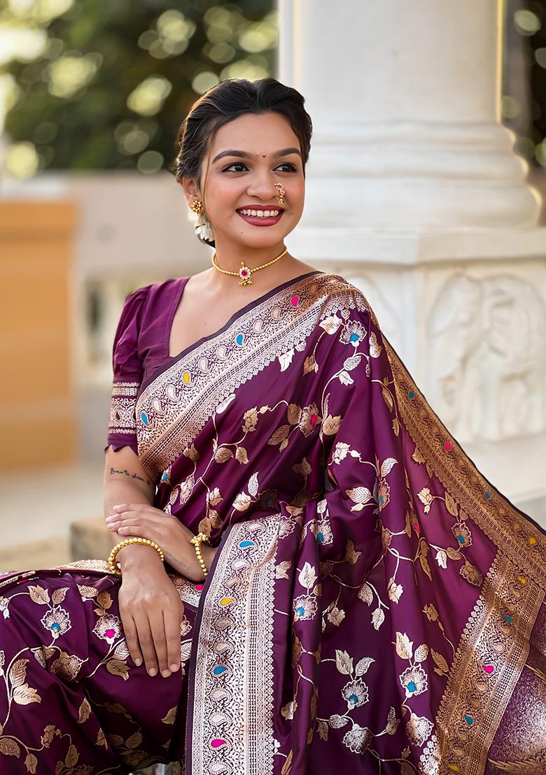 Wine Zari Embroidered Banarasi Silk  Saree Set