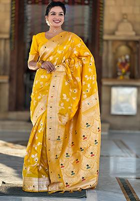 Yellow Zari Embroidered Banarasi Silk  Saree Set