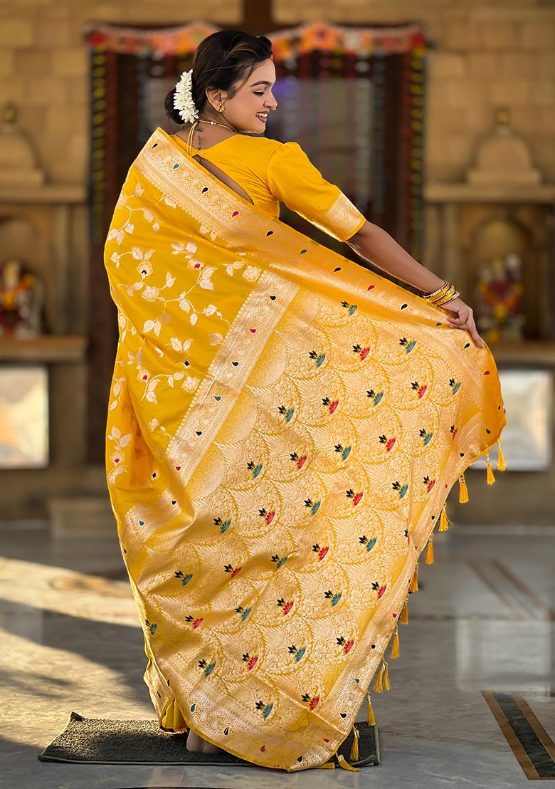Yellow Zari Embroidered Banarasi Silk  Saree Set