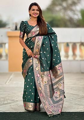 Bottle Green Zari Embroidered Banarasi Silk  Saree Set