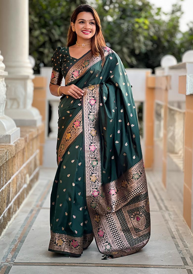 Bottle Green Zari Embroidered Banarasi Silk  Saree Set