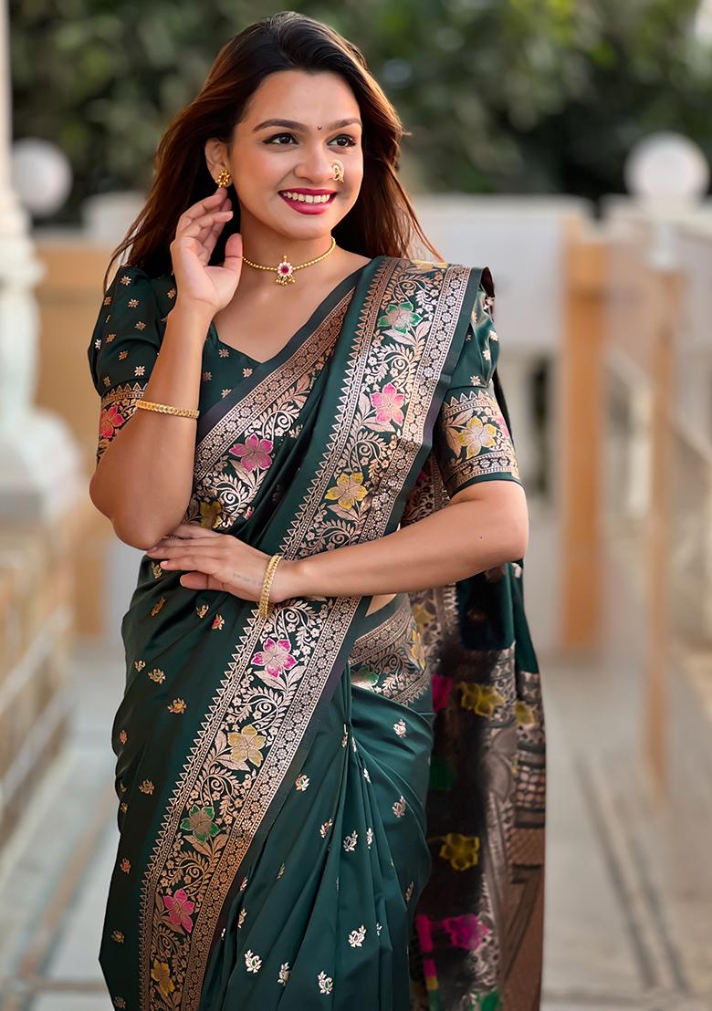 Bottle Green Zari Embroidered Banarasi Silk  Saree Set