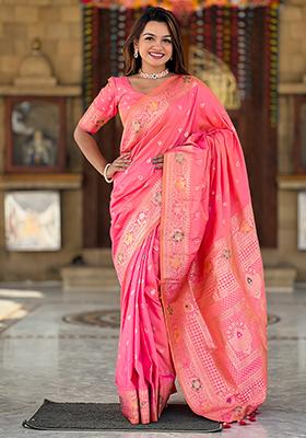 Gajri Pink Zari Embroidered Banarasi Silk  Saree Set
