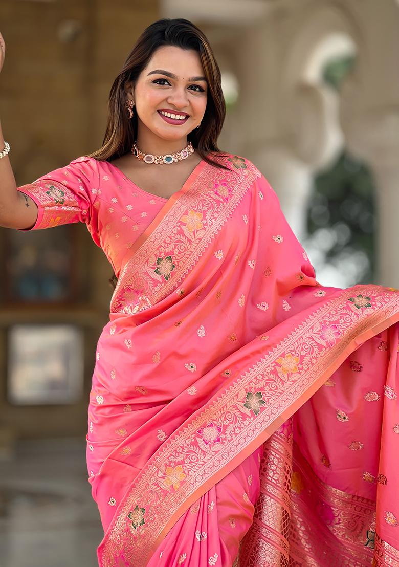Gajri Pink Zari Embroidered Banarasi Silk  Saree Set