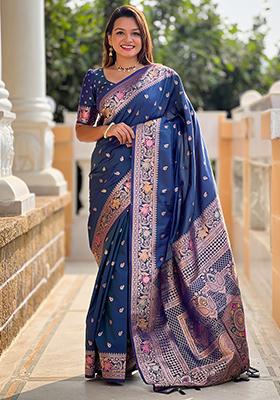 Morpich Zari Embroidered Banarasi Silk  Saree Set