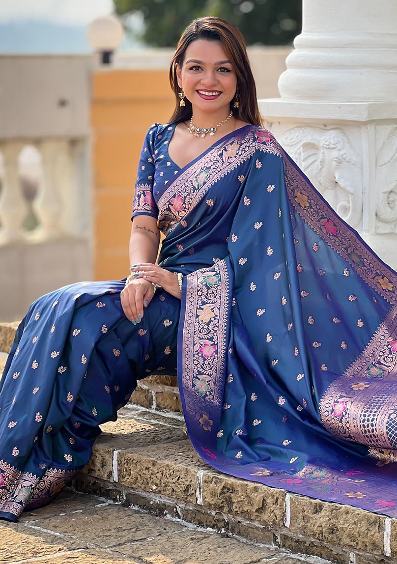 Morpich Zari Embroidered Banarasi Silk  Saree Set