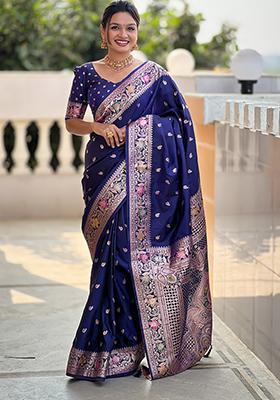 Navy Blue Zari Embroidered Banarasi Silk  Saree Set