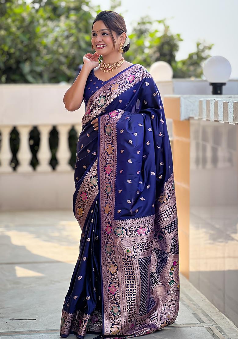 Navy Blue Zari Embroidered Banarasi Silk  Saree Set