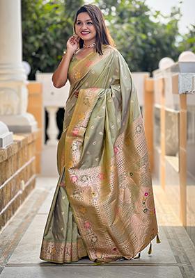 Pista Green Zari Embroidered Banarasi Silk  Saree Set
