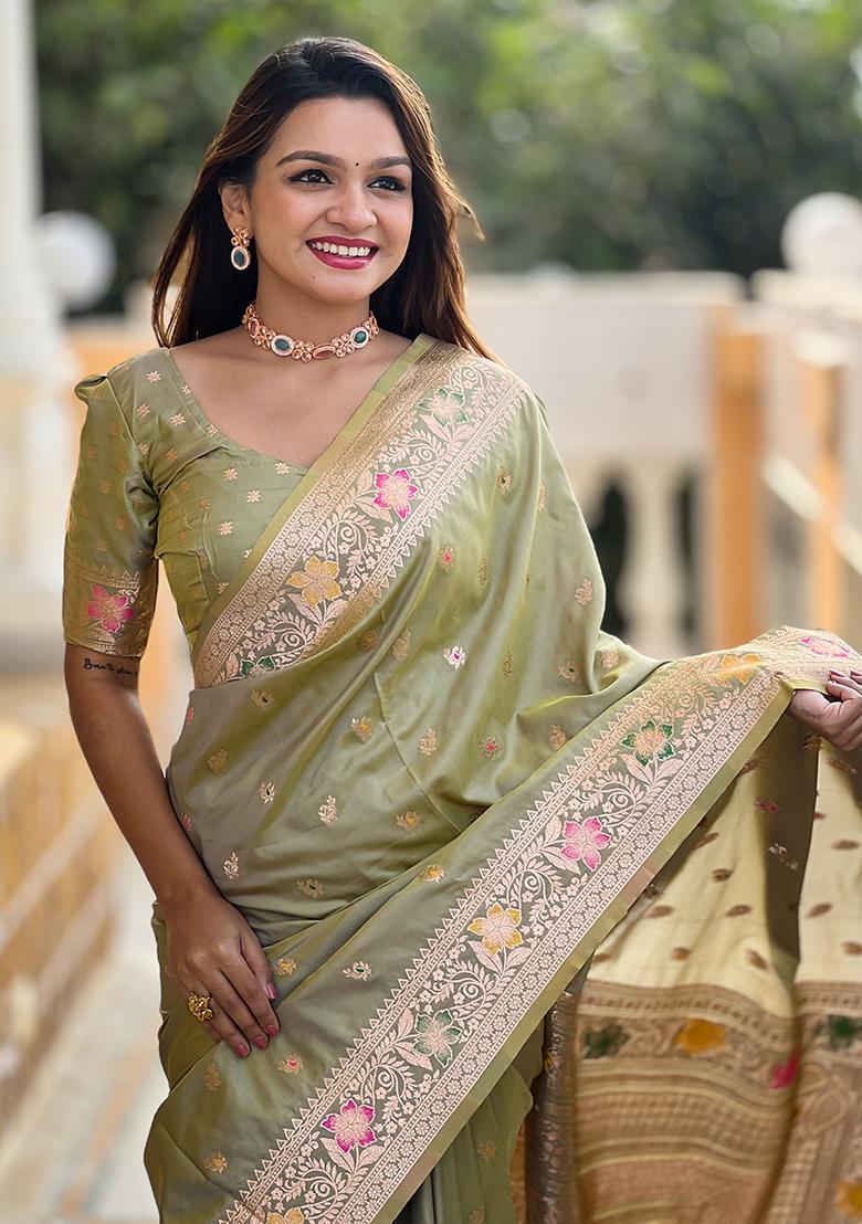 Pista Green Zari Embroidered Banarasi Silk  Saree Set