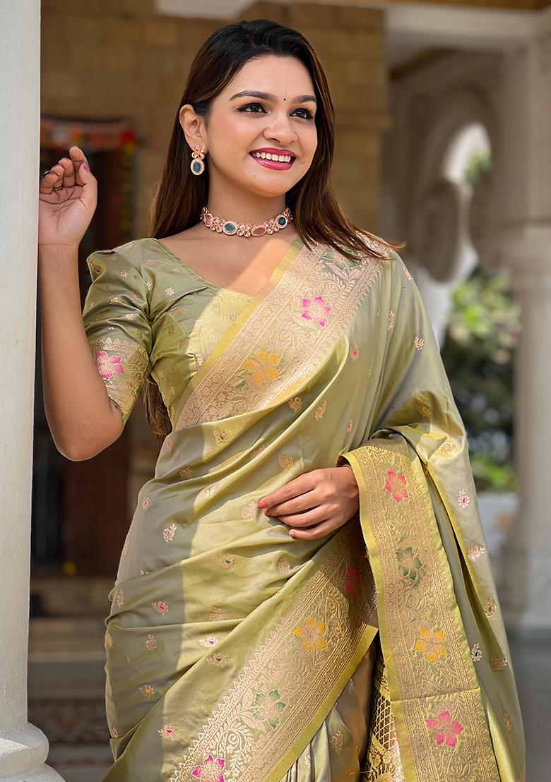 Pista Green Zari Embroidered Banarasi Silk  Saree Set