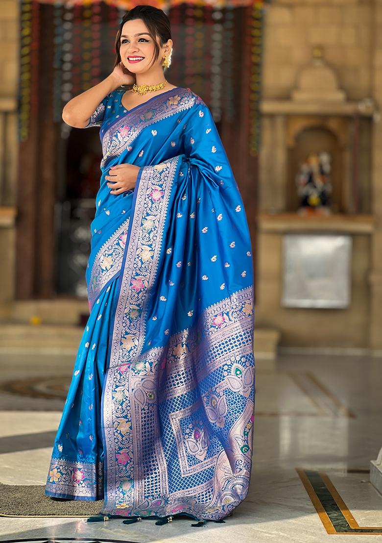 Sky Blue Zari Embroidered Banarasi Silk  Saree Set