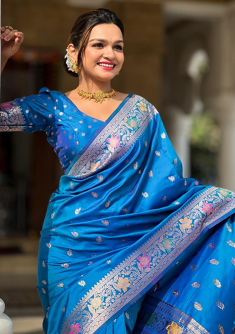 Sky Blue Zari Embroidered Banarasi Silk  Saree Set