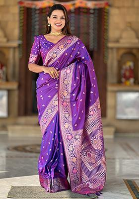 Violet Zari Embroidered Banarasi Silk  Saree Set