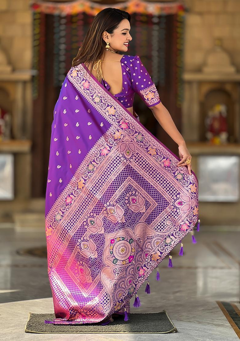 Violet Zari Embroidered Banarasi Silk  Saree Set
