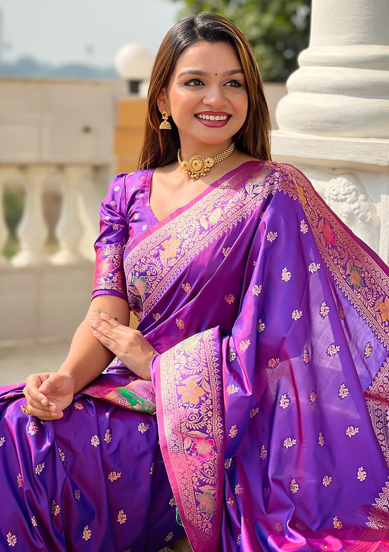 Violet Zari Embroidered Banarasi Silk  Saree Set