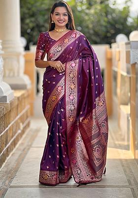 Wine Zari Embroidered Banarasi Silk  Saree Set