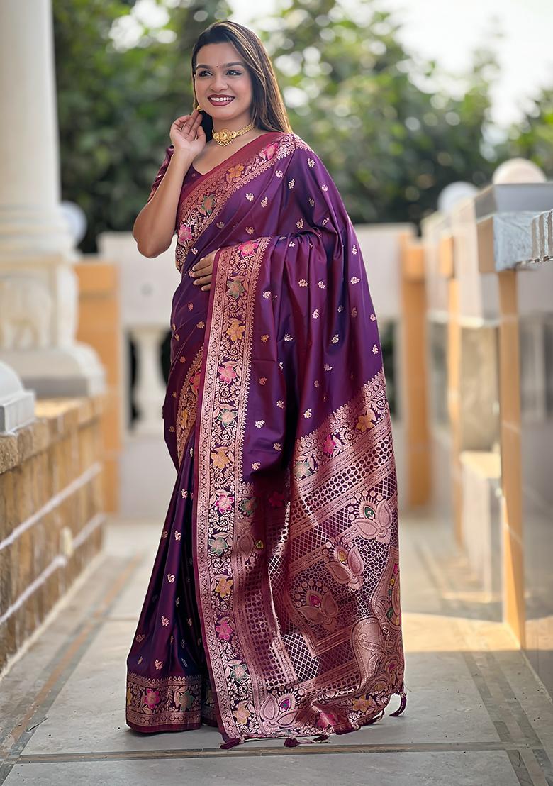 Wine Zari Embroidered Banarasi Silk  Saree Set