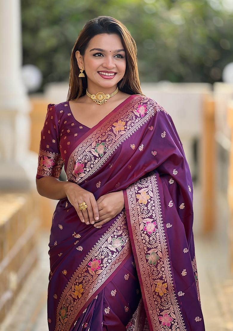Wine Zari Embroidered Banarasi Silk  Saree Set