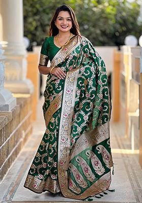 Dark Green Zari Embroidered Banarasi Silk  Saree Set