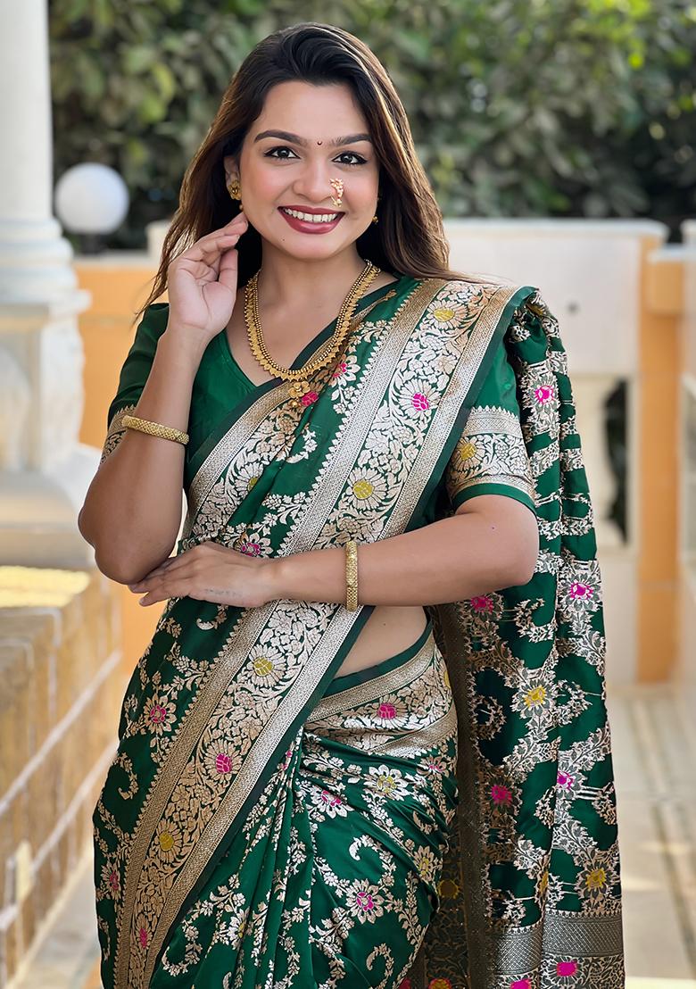 Dark Green Zari Embroidered Banarasi Silk  Saree Set