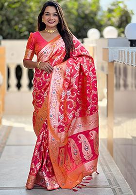 Gajri Pink Zari Embroidered Banarasi Silk  Saree Set
